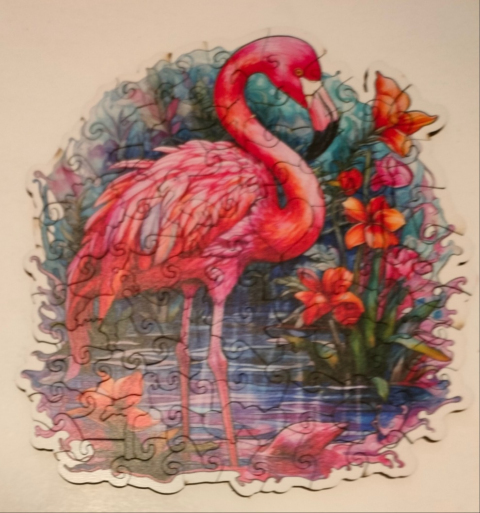 A vibrant pink flamingo standing in shallow water surrounded by orange and pink tropical flowers.