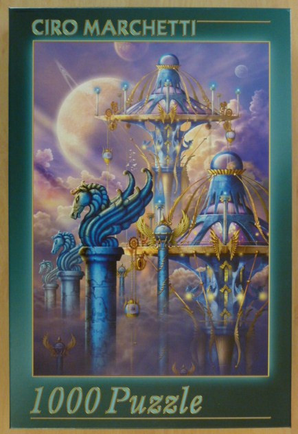 Fantasy illustration of a futuristic, steampunk-inspired city floating among clouds with winged horse sculptures.