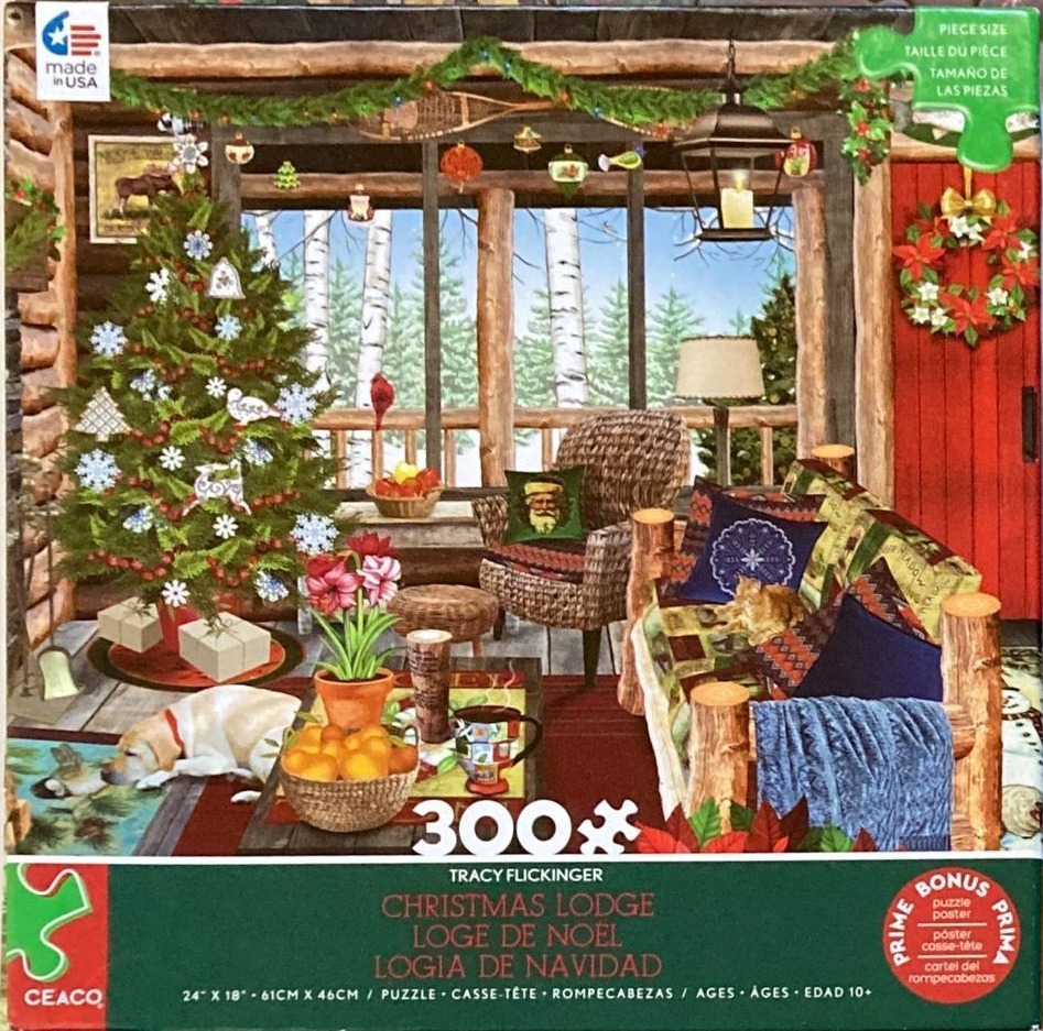 A cozy log cabin interior decorated for Christmas with a tree, a sleeping dog, and a snowy forest view outside.