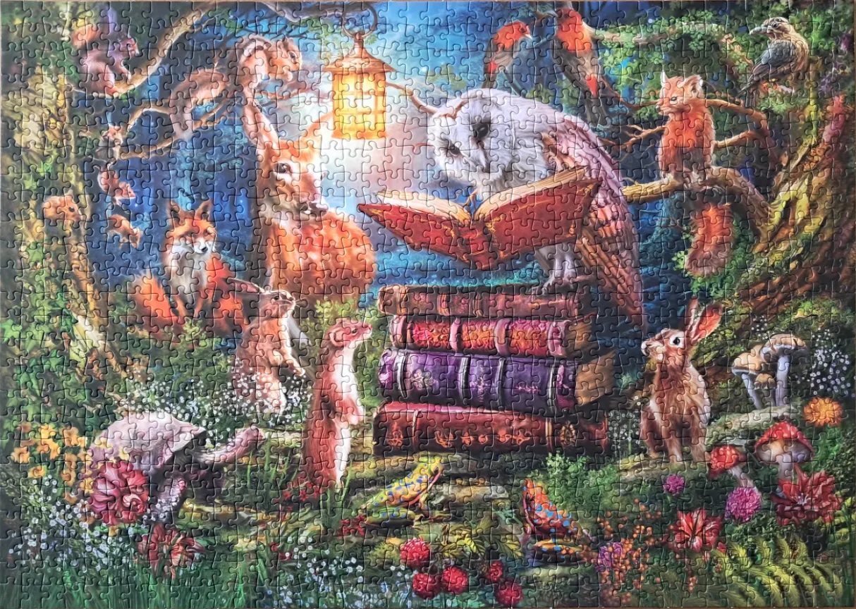 A whimsical woodland scene featuring an owl reading a book to a group of forest animals under a glowing lantern.