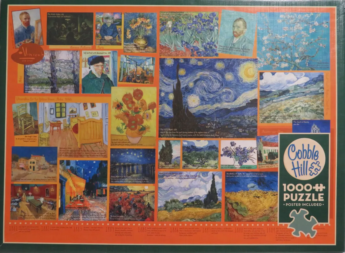 A collage of famous Vincent van Gogh paintings on an orange background.