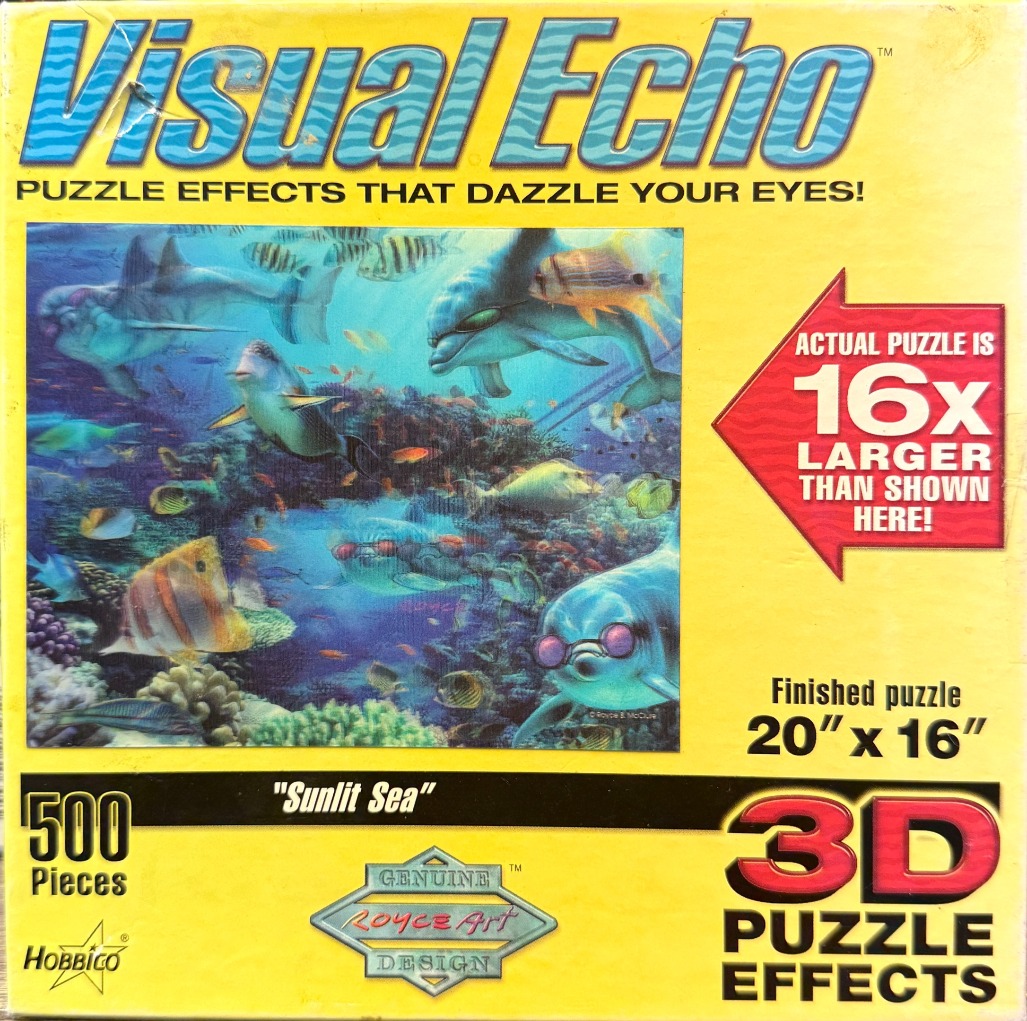 A vibrant 3D underwater scene featuring dolphins wearing sunglasses swimming among tropical fish and coral reefs.