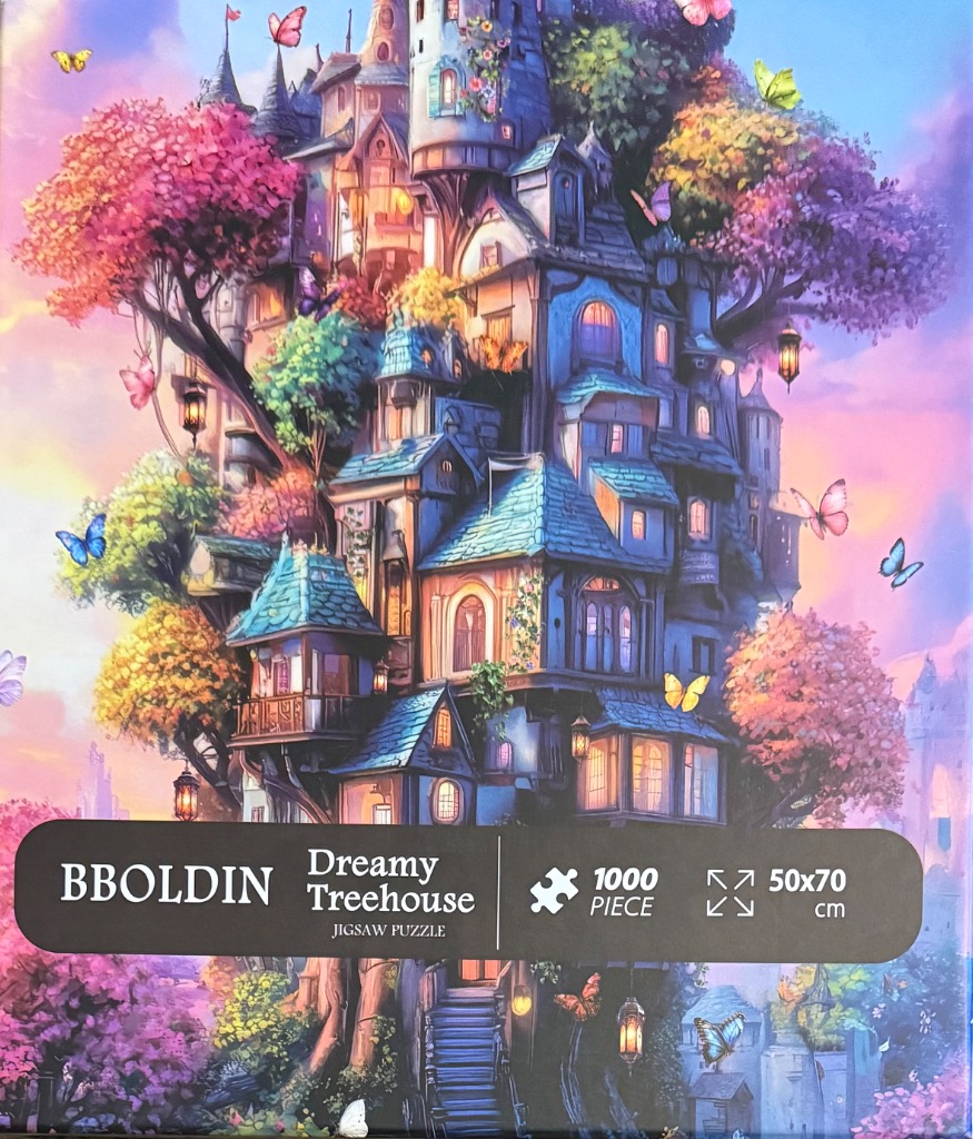 A whimsical multi-story fantasy treehouse with glowing windows, surrounded by colorful trees and butterflies.
