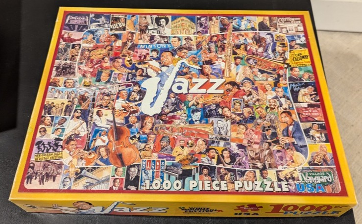 A collage of famous jazz musicians and instruments, with the word Jazz in large white letters in the center.