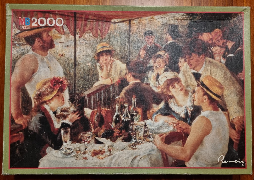 Impressionist painting of a lively luncheon party on a terrace featuring people in casual summer attire.