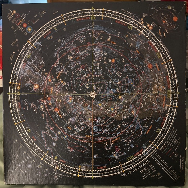 A vintage circular star map featuring zodiac constellations, celestial bodies, and scientific data on a black background.