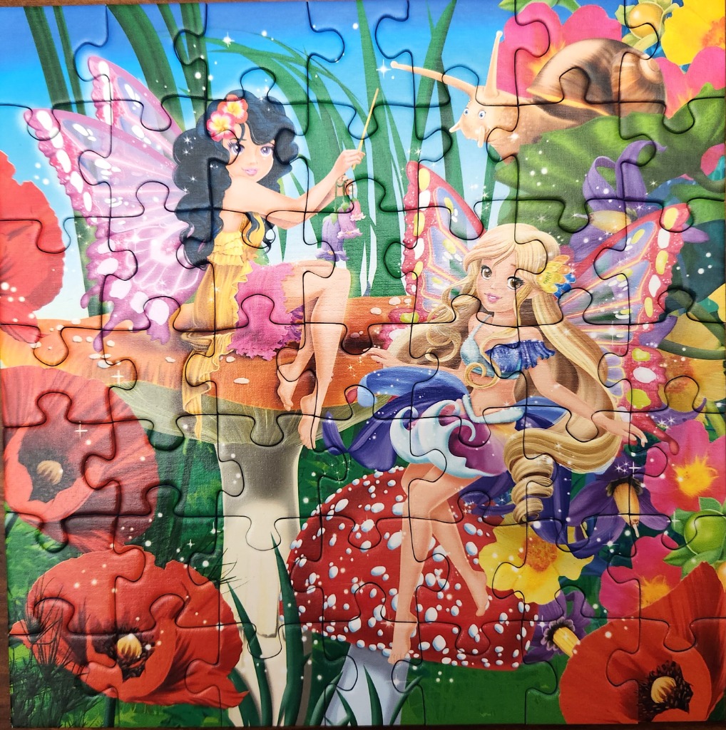 Two whimsical fairies in a vibrant, colorful garden setting with giant flowers and a snail.