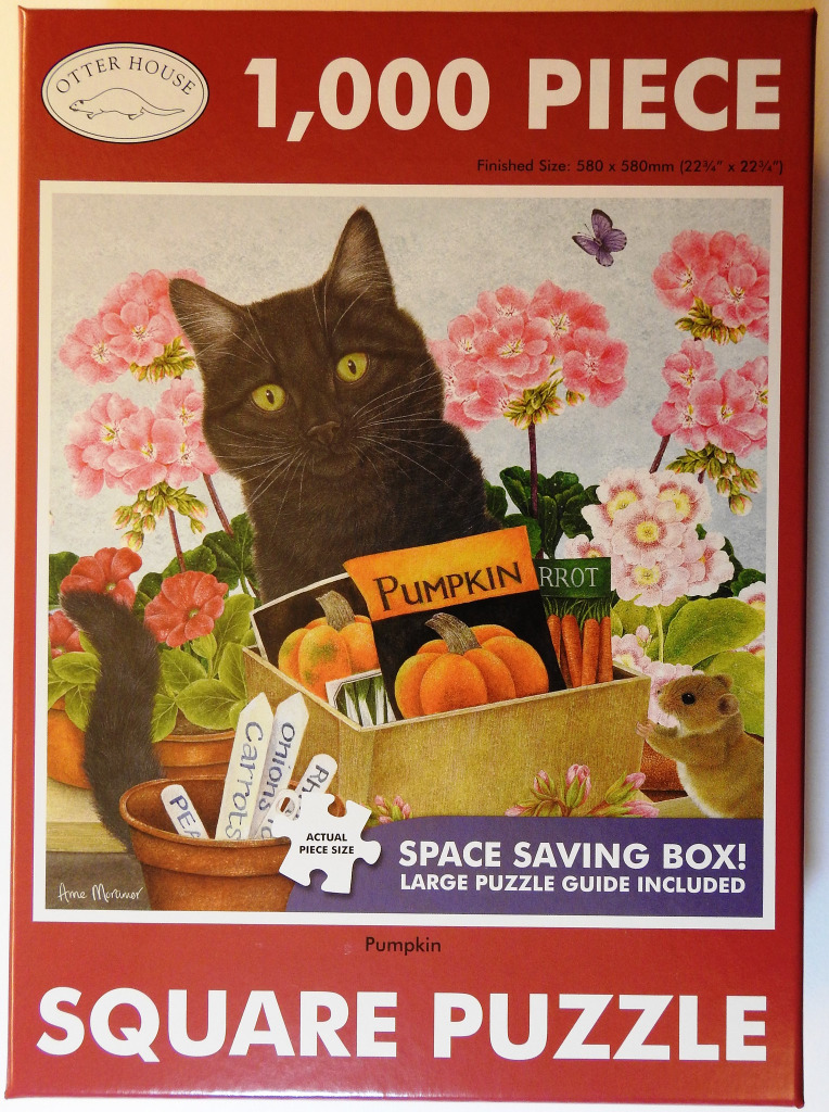 A black cat looks over a wooden crate filled with garden seed packets and terracotta pots surrounded by pink geraniums.
