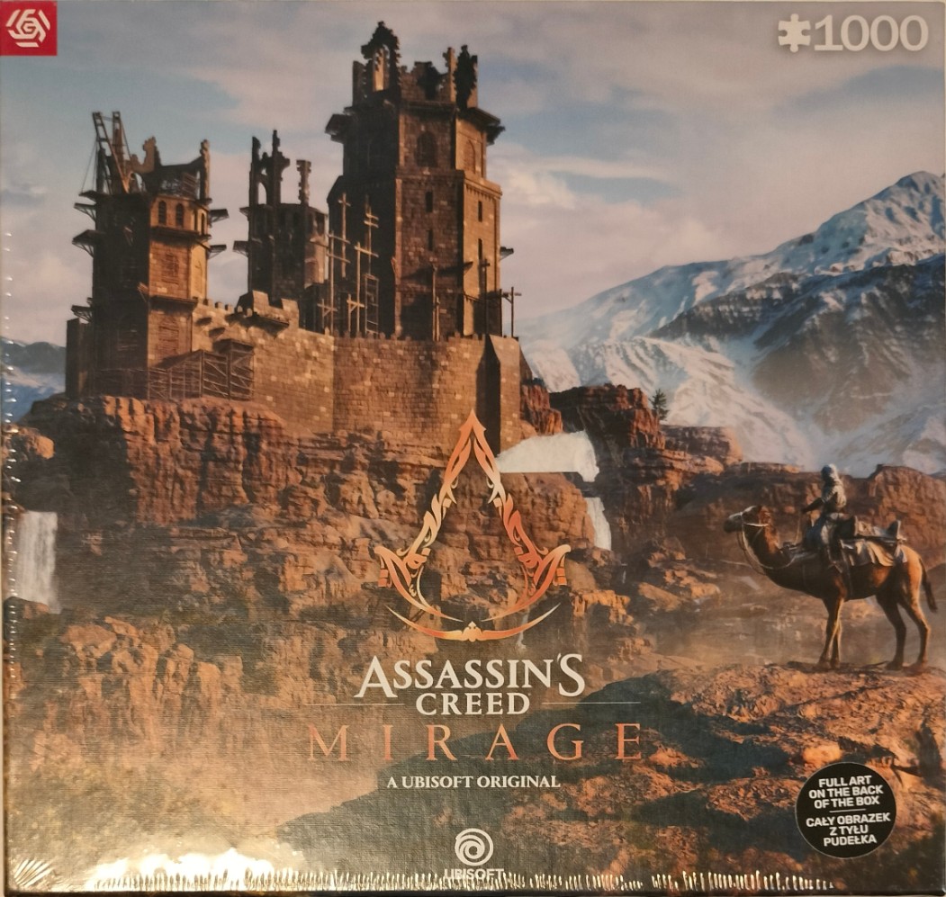 Digital fantasy artwork featuring an ancient fortress on a rocky cliff with a rider on a camel in the foreground.
