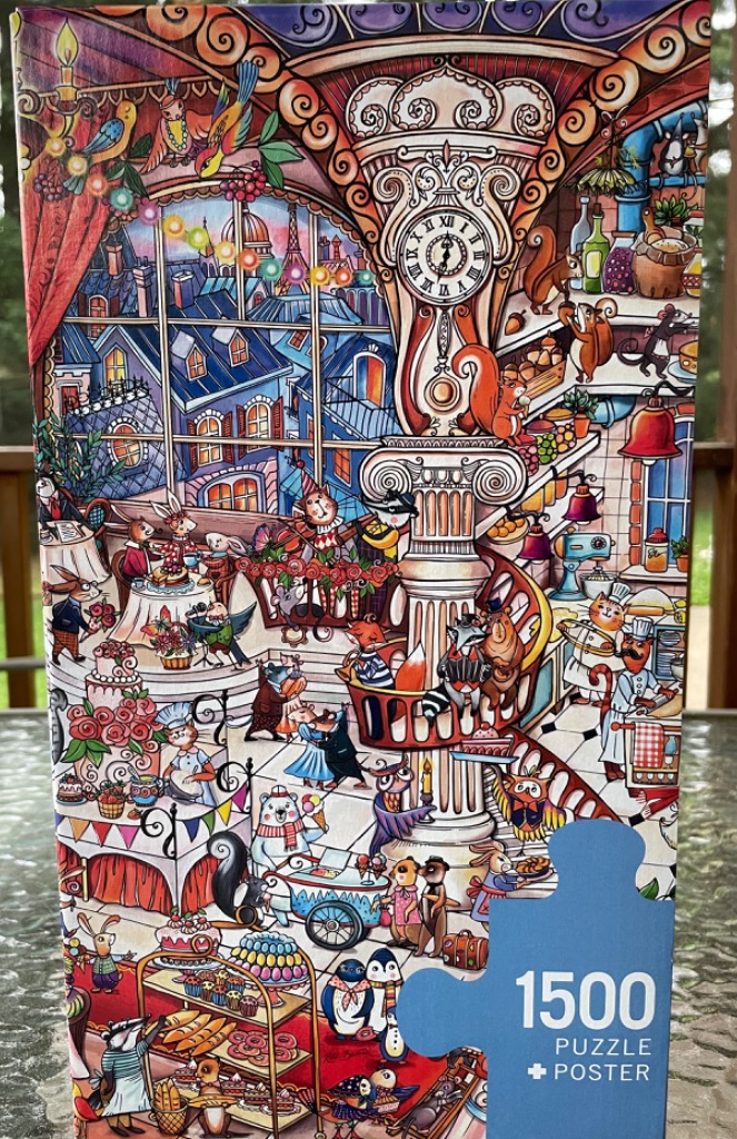 Whimsical illustration of an anthropomorphic animal cafe interior with a view of Paris through a large window.
