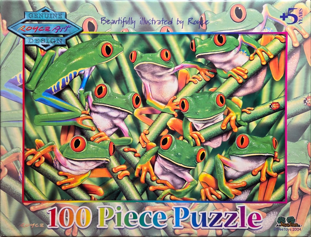 Vibrant illustration of multiple red-eyed tree frogs climbing on green bamboo-like stalks.