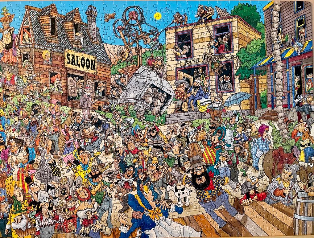 A chaotic, cartoon-style illustration of a bustling Wild West town scene with numerous comedic characters.