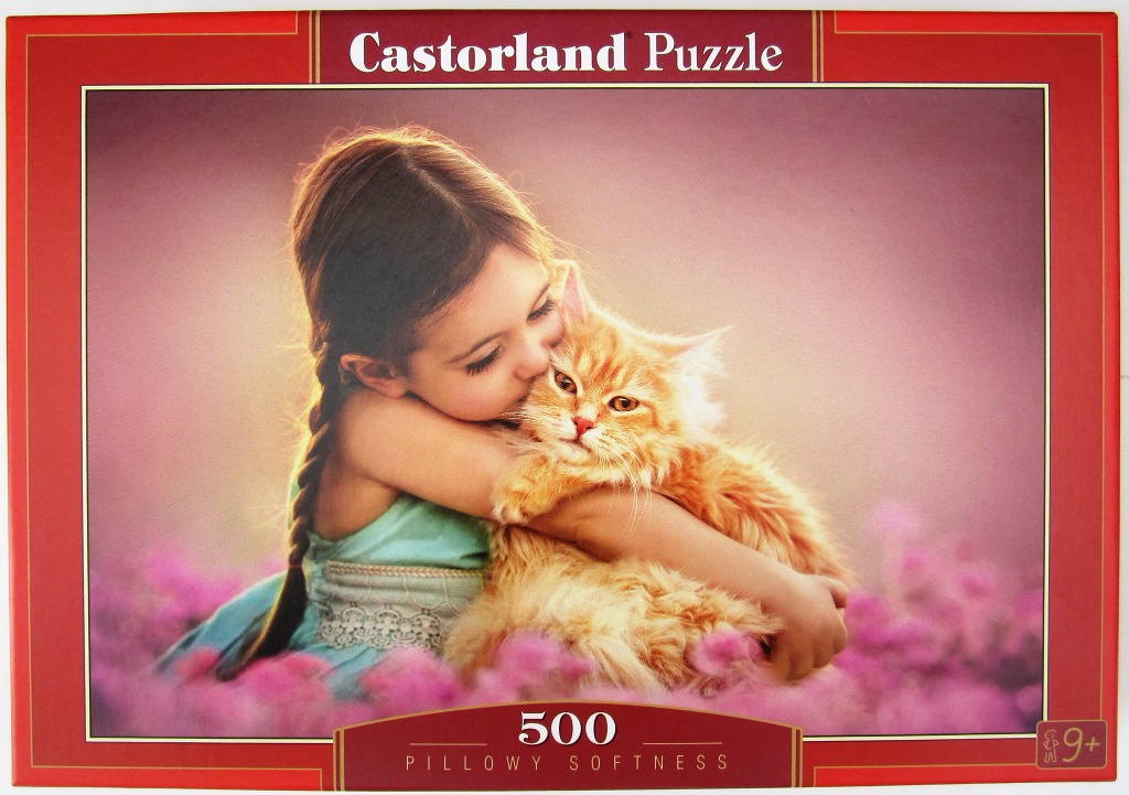 A young girl with a side braid tenderly hugging a fluffy ginger cat in a field of pink flowers.