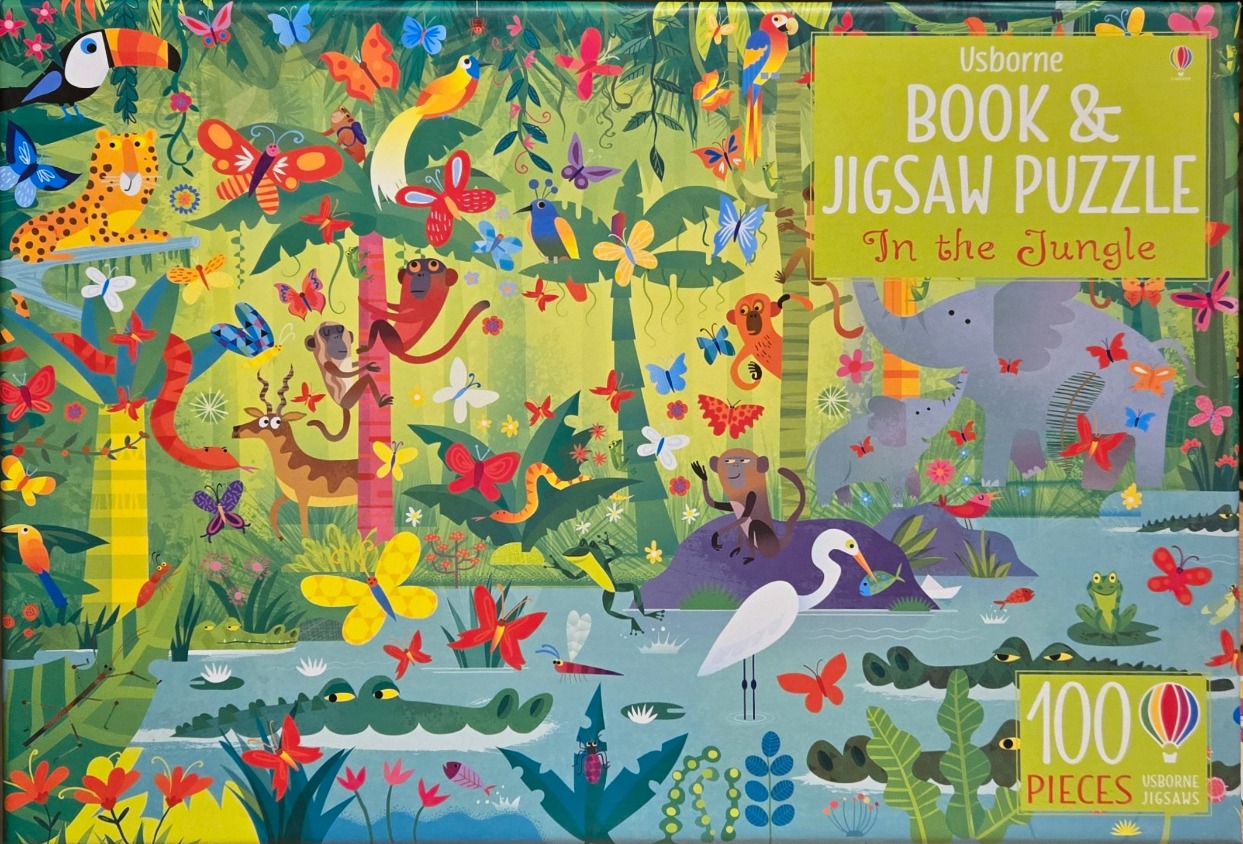 Colorful, stylized cartoon illustration of a busy jungle scene filled with animals and butterflies.