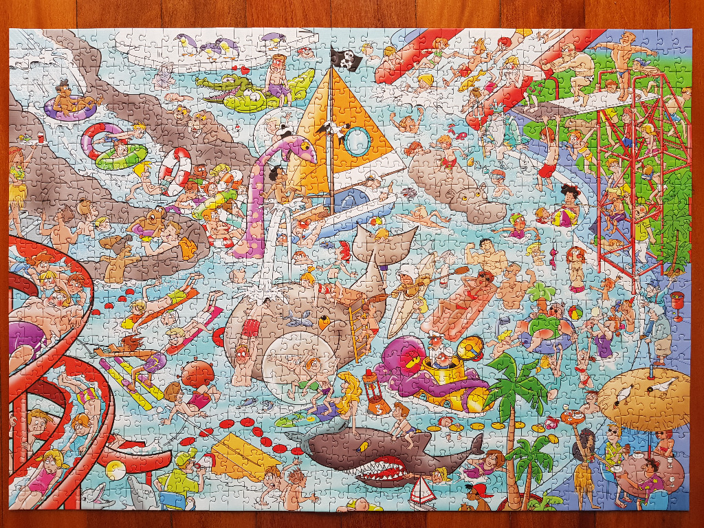 Cartoon illustration of a busy, chaotic water park scene with numerous people and creatures.