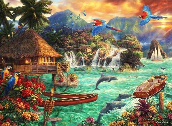 Tropical island scene with stilt huts, waterfalls, macaws, and dolphins at sunset