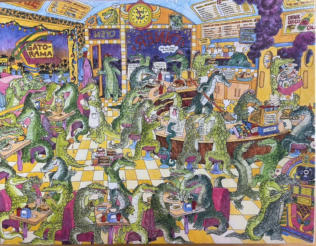 Cartoon illustration of a bustling diner filled with anthropomorphic crocodiles eating and socializing.