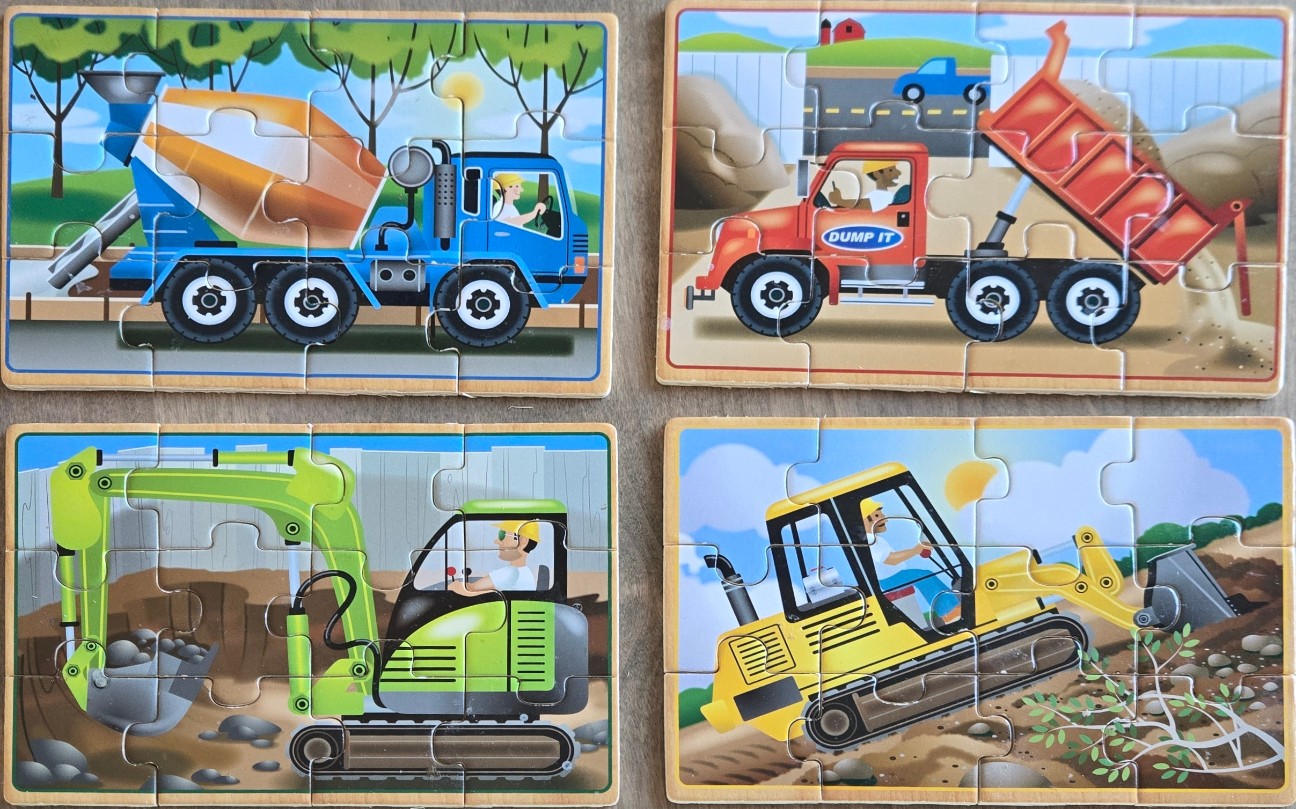 Four illustrations of construction vehicles including a cement mixer, dump truck, excavator, and backhoe loader.