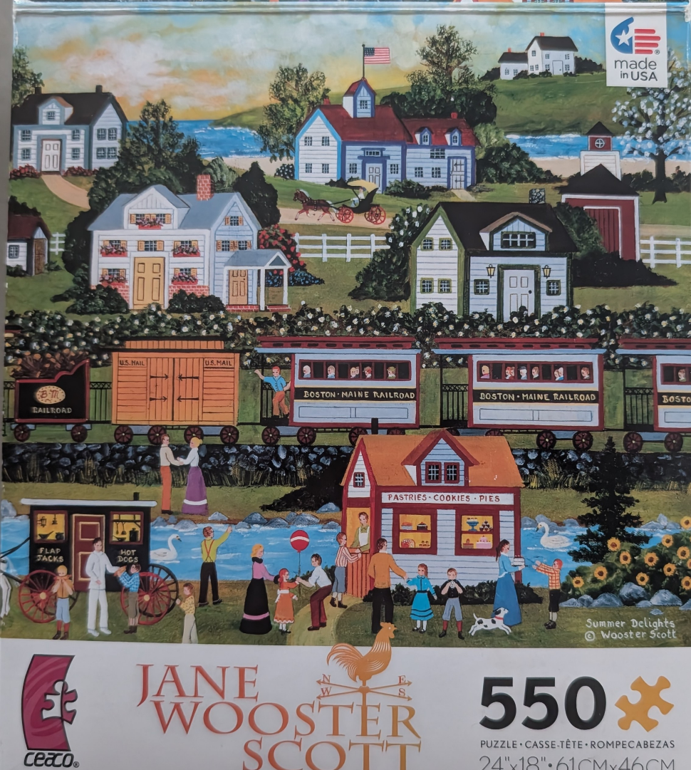 Folk art style painting of a rural American town with a steam train passing a bakery and people in a park.