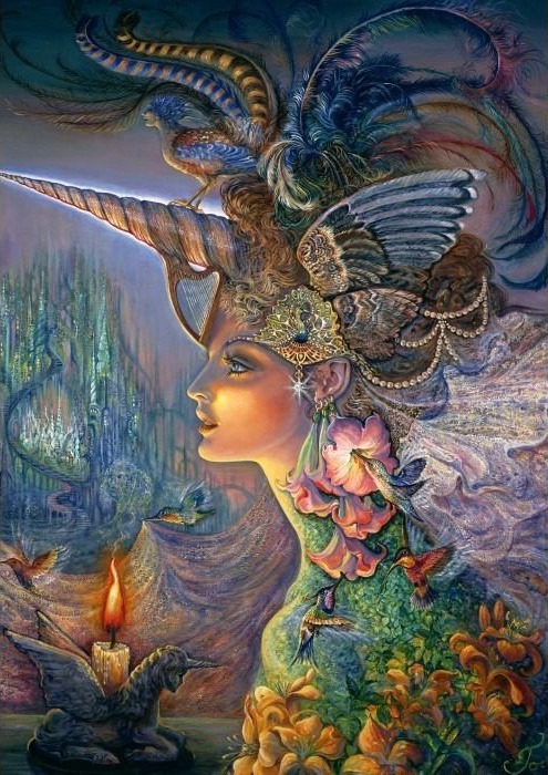 A profile portrait of a fantastical woman adorned with feathers, wings, and hummingbirds in a mystical landscape.