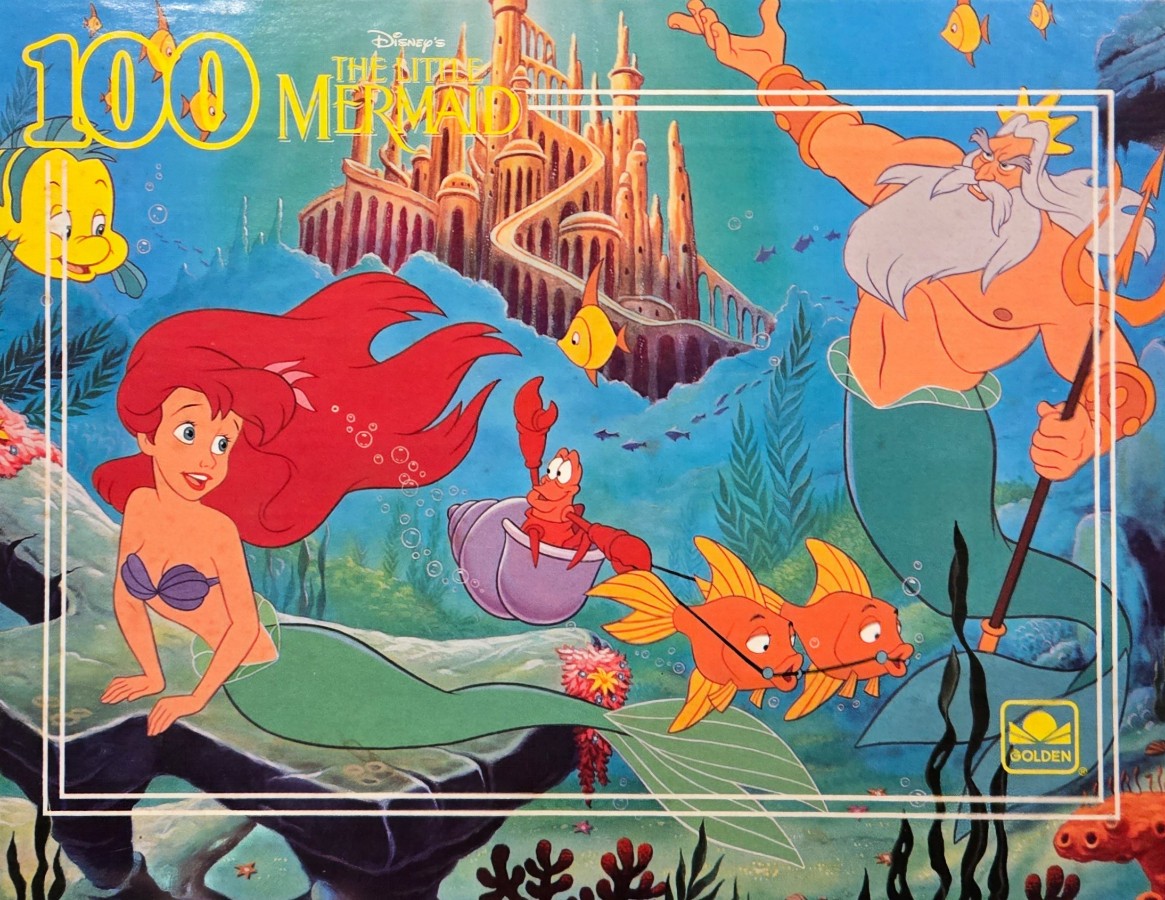 A vibrant cartoon scene of Ariel, King Triton, Sebastian, and Flounder underwater with a castle in the background.