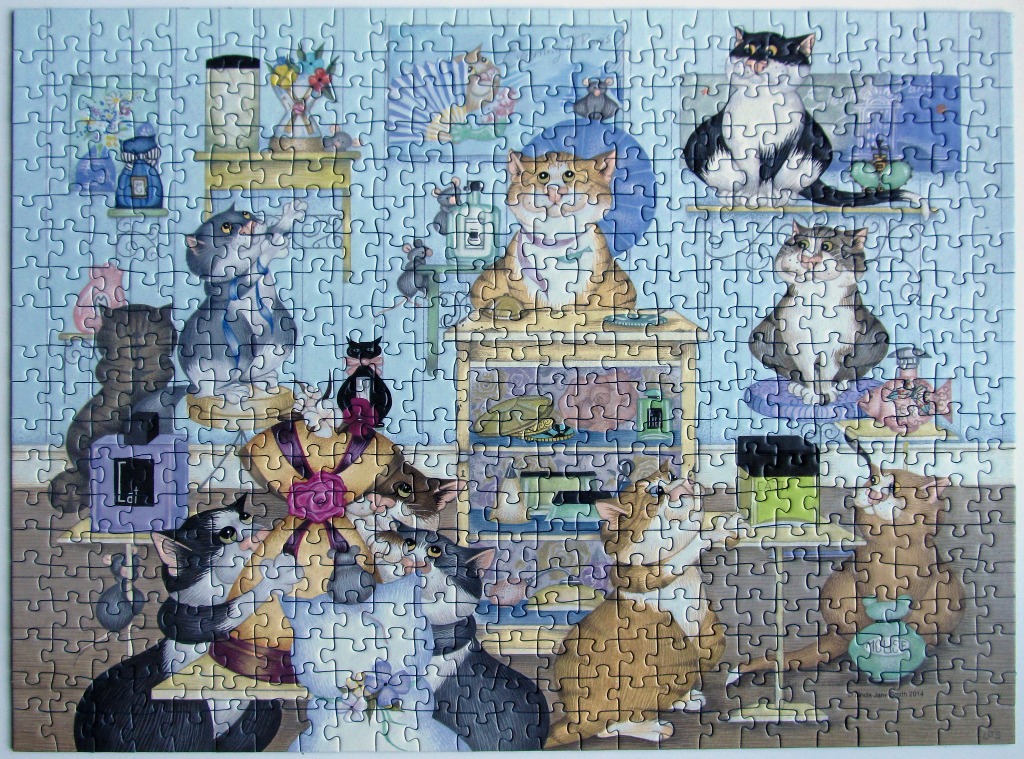 Whimsical illustration of numerous cats exploring a perfumery shop.
