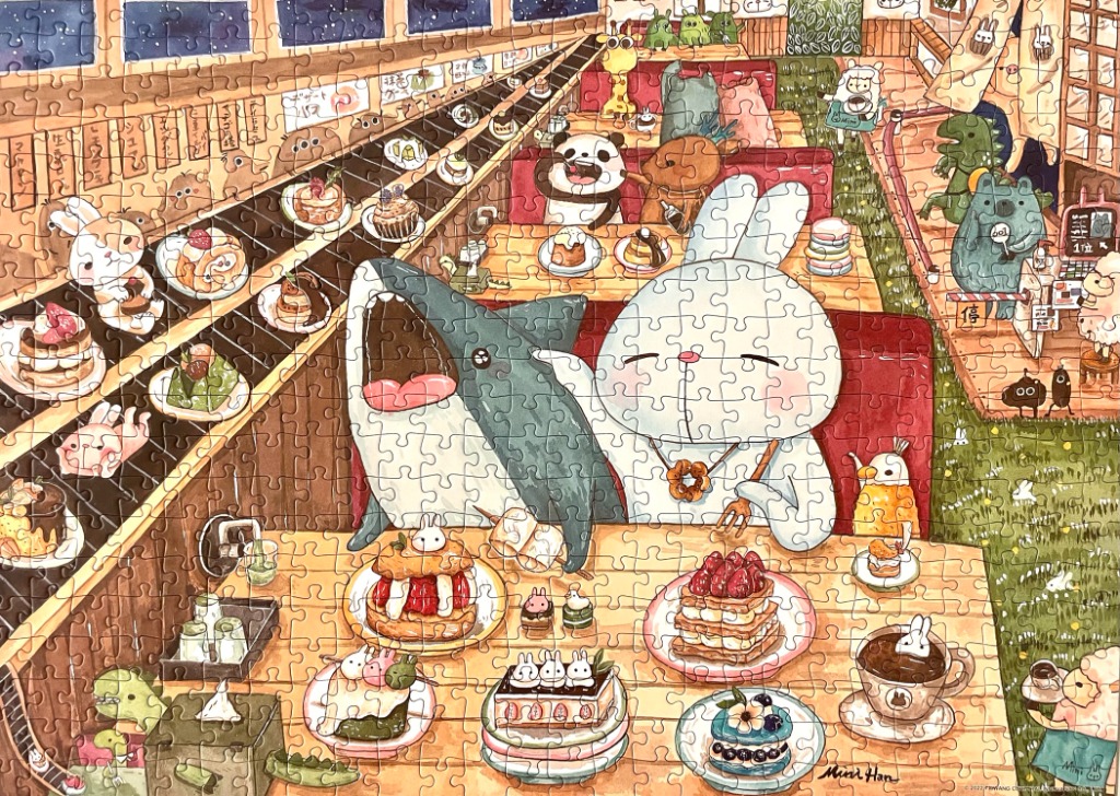 Illustration of a shark and a rabbit having a dessert feast at a conveyor belt sushi-style cafe