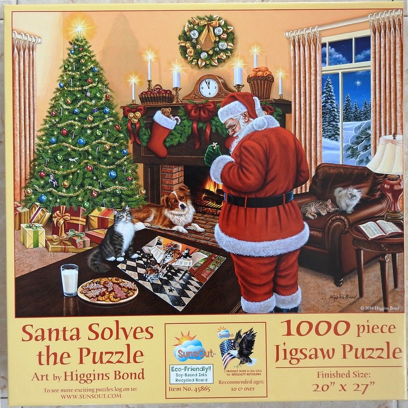 Santa Claus standing in a cozy living room, assembling a jigsaw puzzle by a fireplace with pets nearby.