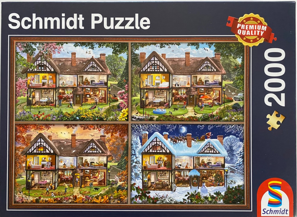 A four-panel illustration depicting a cottage through the four seasons.