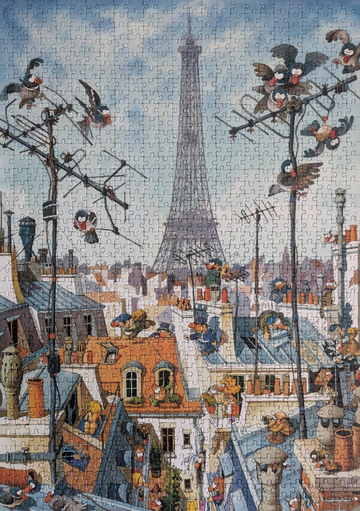 Cartoon illustration of the Eiffel Tower seen from a chaotic Parisian rooftop filled with birds and quirky characters.