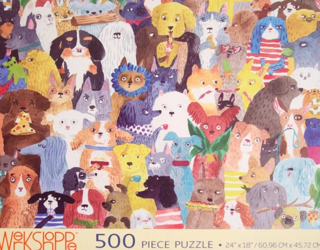 A whimsical illustration crowded with dozens of dogs of various breeds, colors, and personalities.
