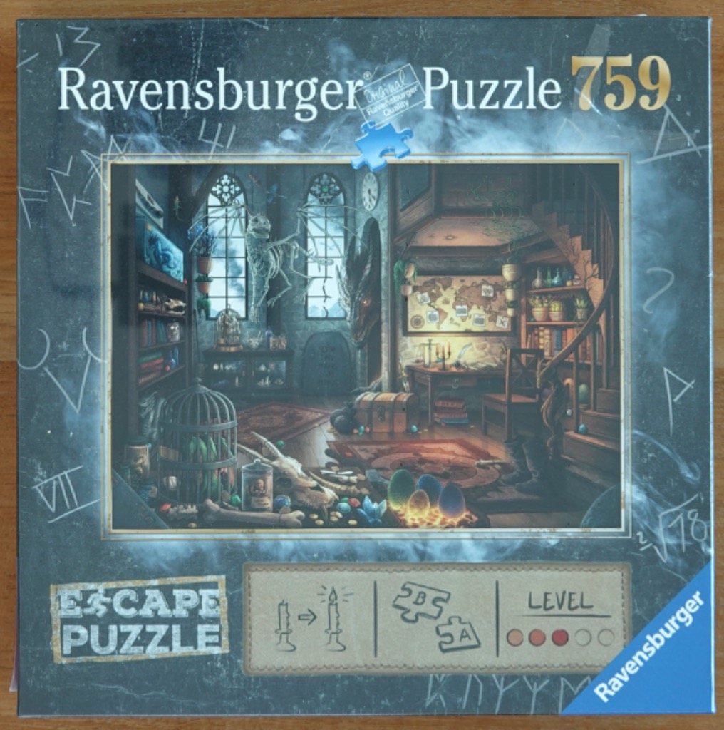 A fantasy illustration of a dark, cluttered wizard's study with a dragon lurking in the shadows.