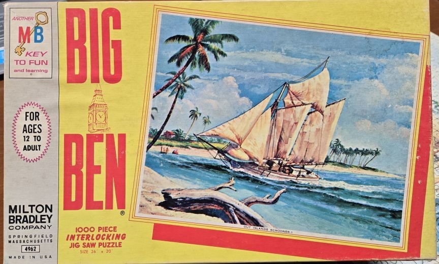 Painting of a two-masted schooner sailing near a tropical beach with palm trees.