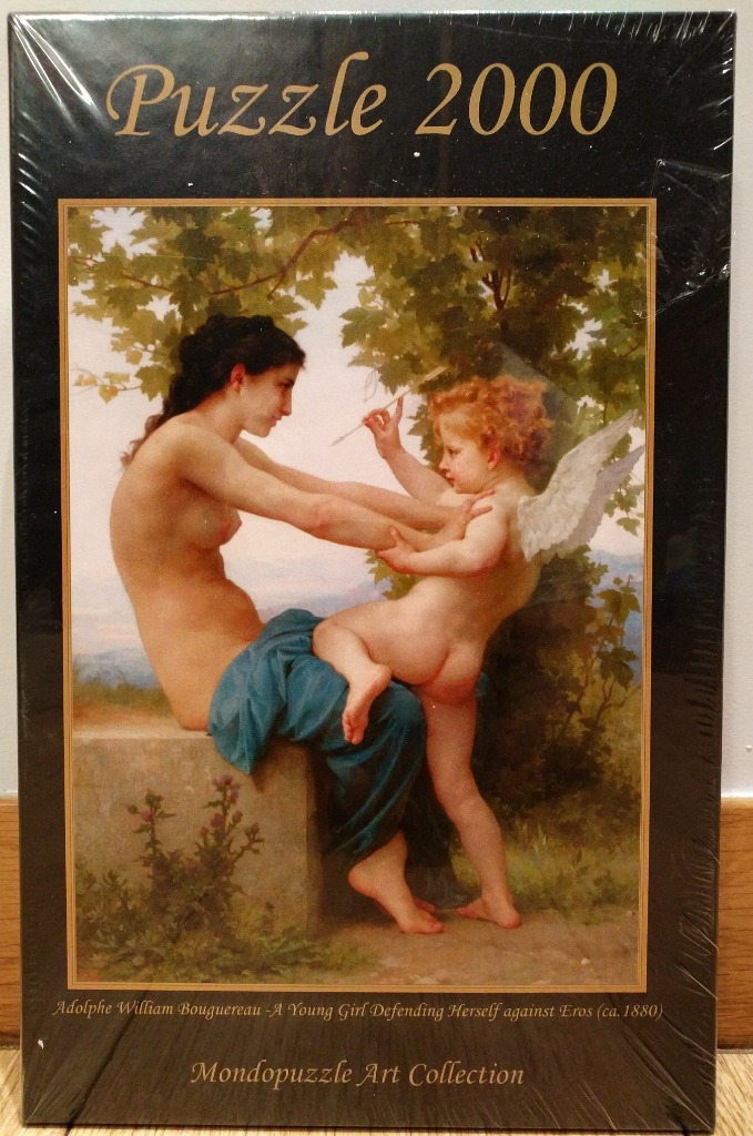 A classical oil painting of a young woman playfully defending herself against a winged Eros in a garden setting.