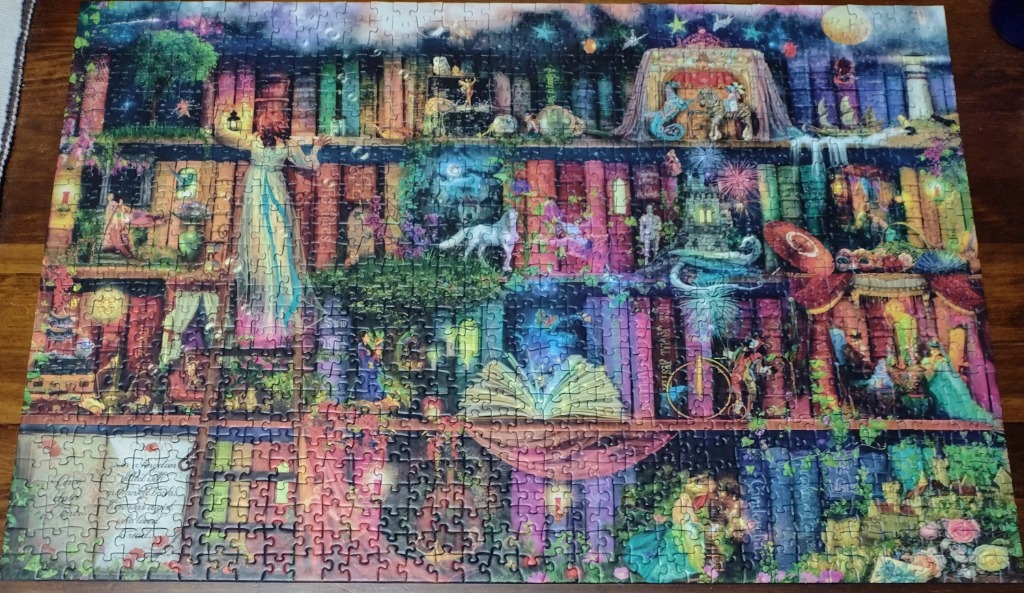A magical, multi-tiered library illustration filled with fantasy creatures, glowing books, and whimsical figures.