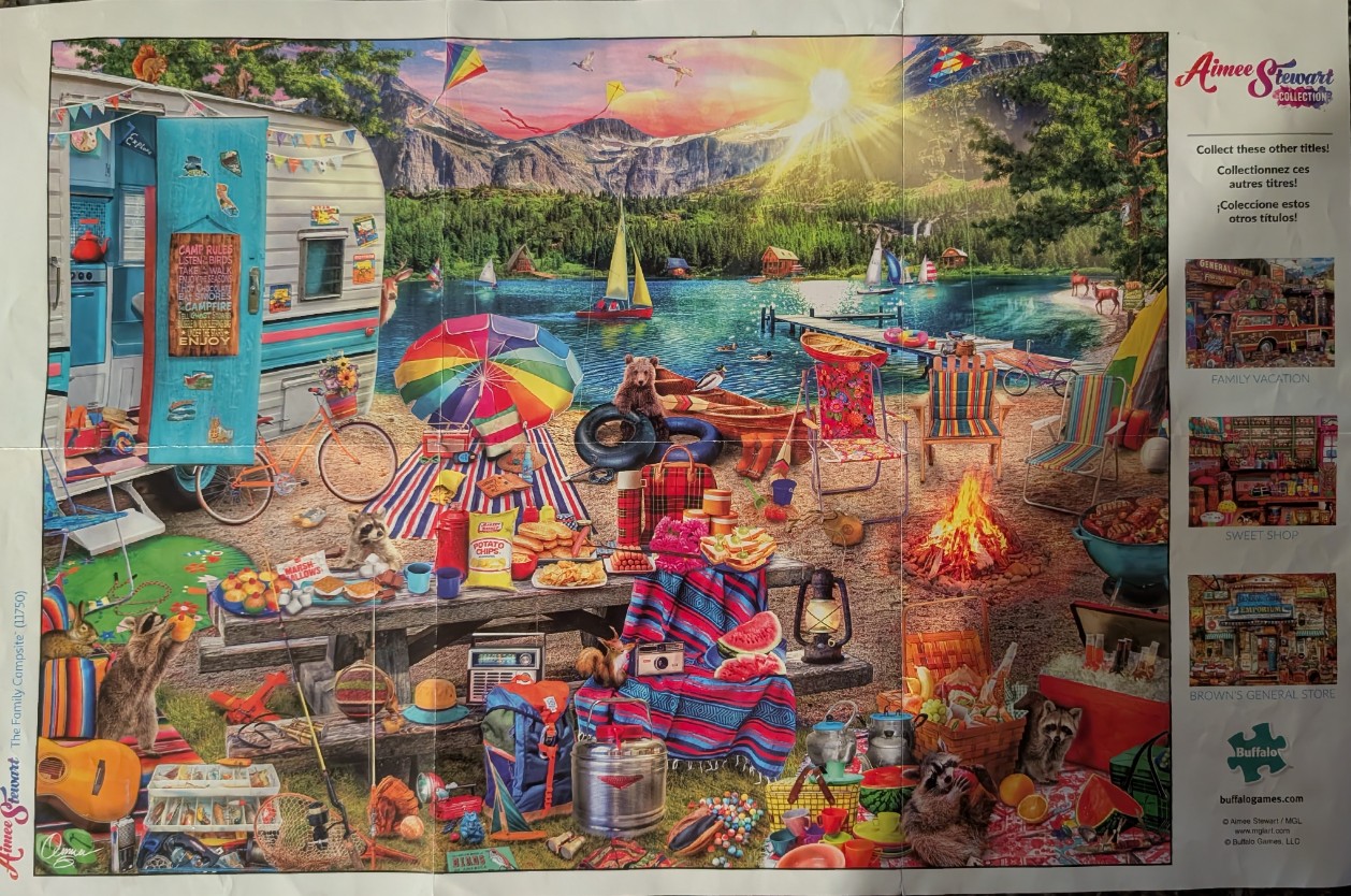 A detailed camping scene with a vintage camper, wildlife, a campfire, and a lake view during a golden sunset.