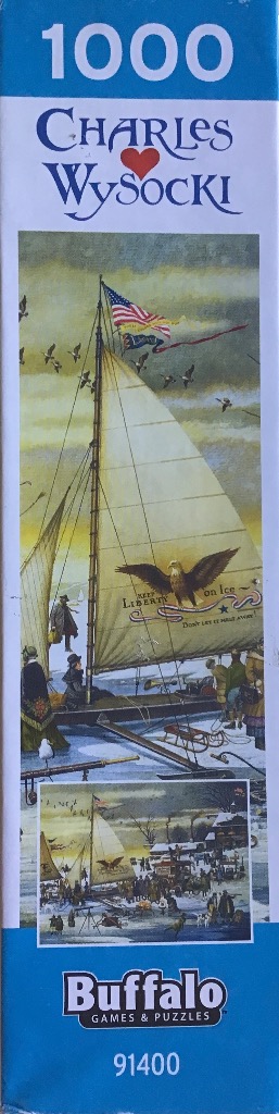 Sailing ship on ice, American flag, eagle, and winter scene in vintage style.