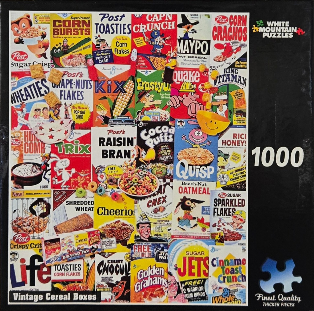 A collage of vintage cereal boxes featuring iconic characters and colorful graphics.