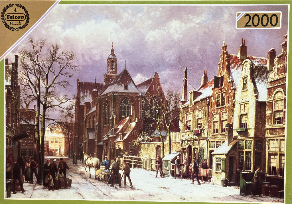 A winter street scene in a historic Dutch village with a large church, brick houses, and townspeople.