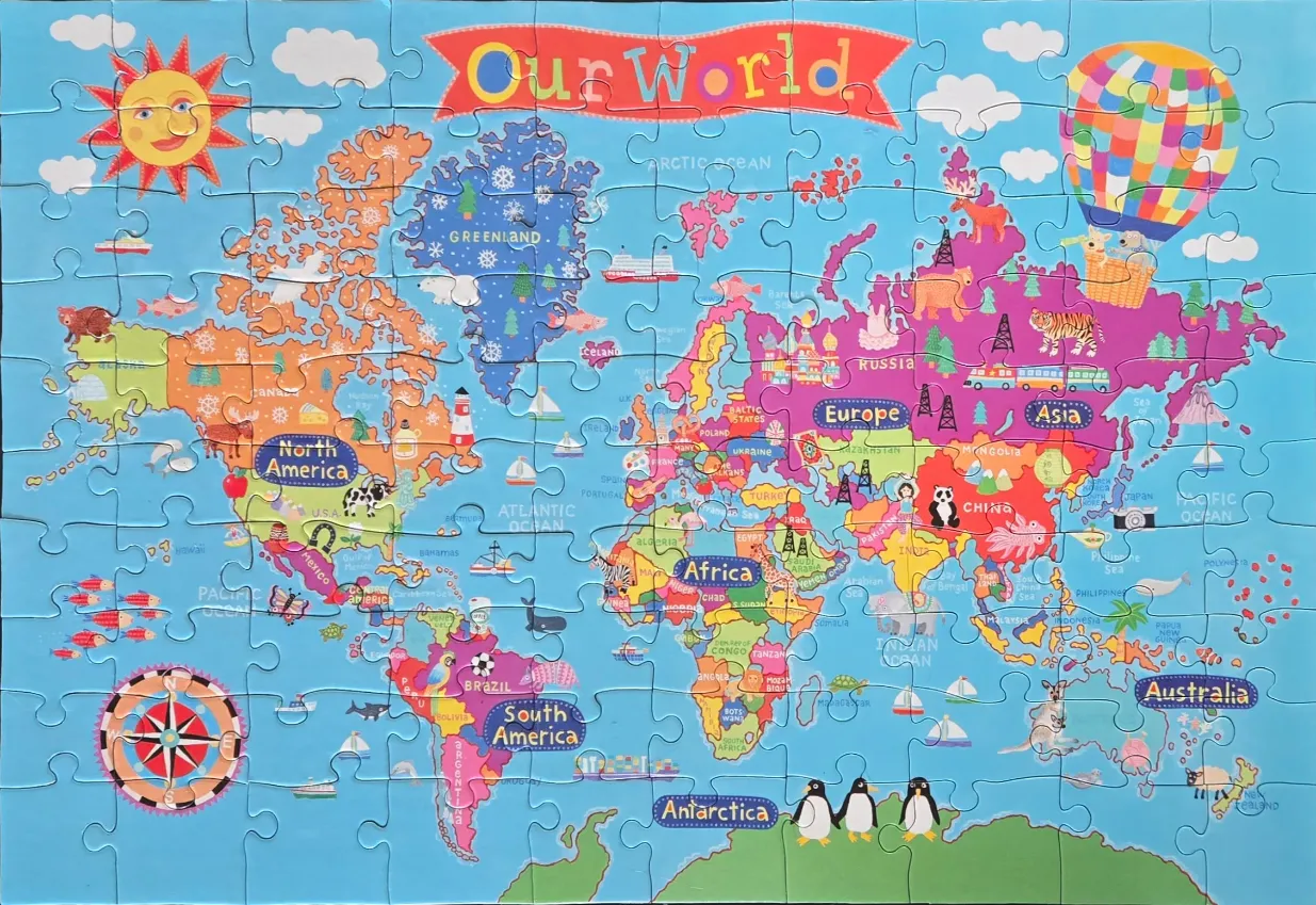 Colorful, child-friendly world map illustration featuring animals, landmarks, and travel icons.