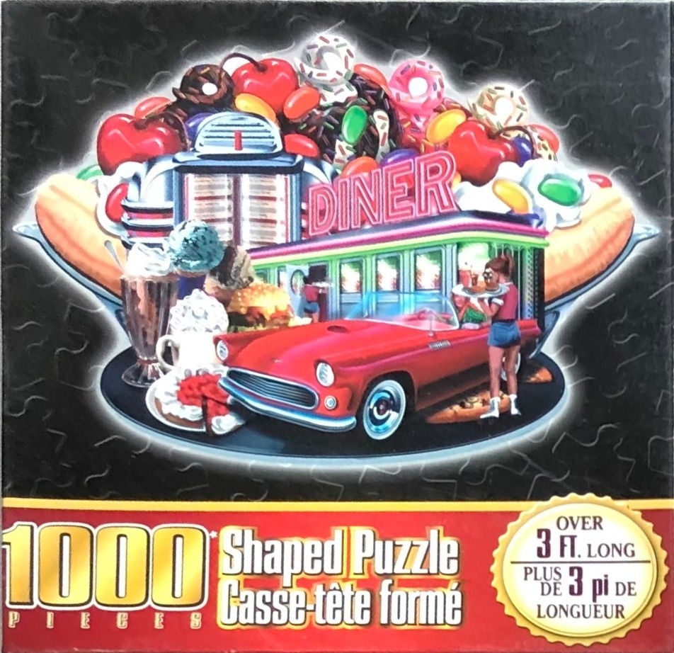 A collage of 1950s diner-themed elements, including a jukebox, classic red car, and assorted sweets.