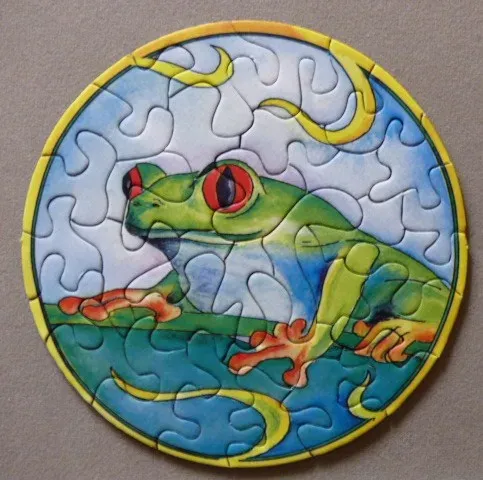 A circular illustration of a vibrant red-eyed tree frog against a blue and yellow sky background.