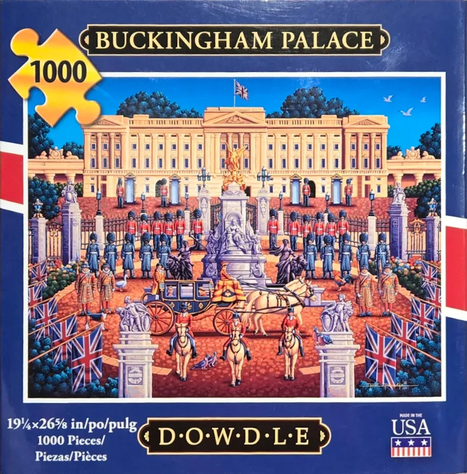 Folk art style painting of Buckingham Palace with the Queen Victoria Memorial and Royal Guards in the foreground.