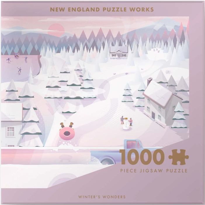 A low-poly stylized winter landscape featuring snow-covered houses, pine trees, and people enjoying snow activities.