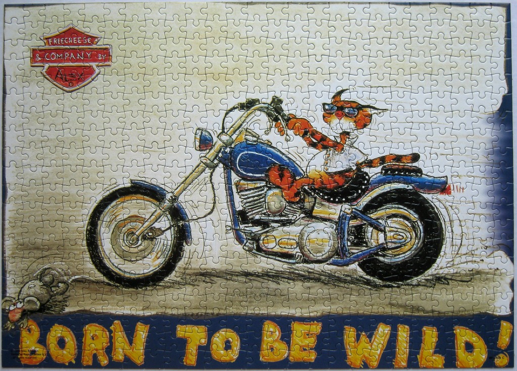 Cartoon illustration of an orange tabby cat wearing sunglasses riding a motorcycle on a dusty road.
