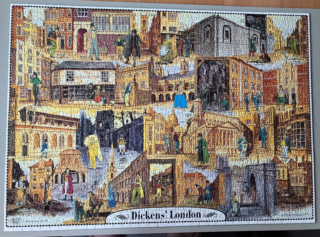 A detailed illustration of Charles Dickens' London with various historical buildings and characters.
