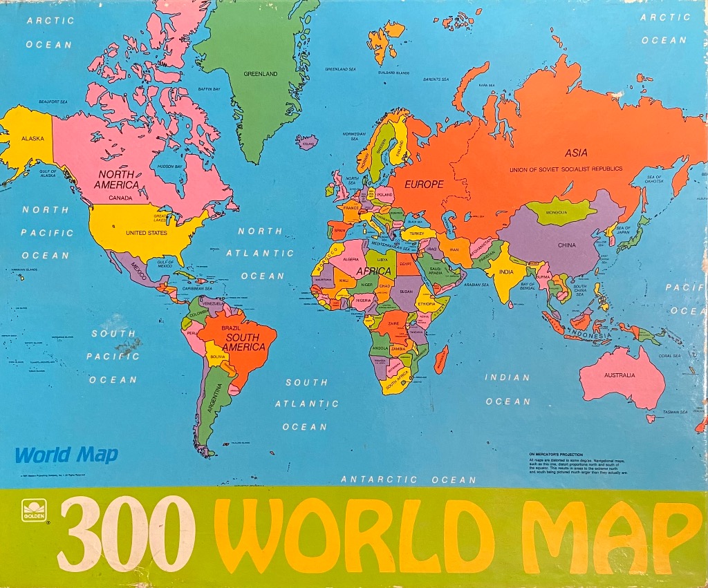 A vintage-style, colorful political map of the world showing country borders and oceans.