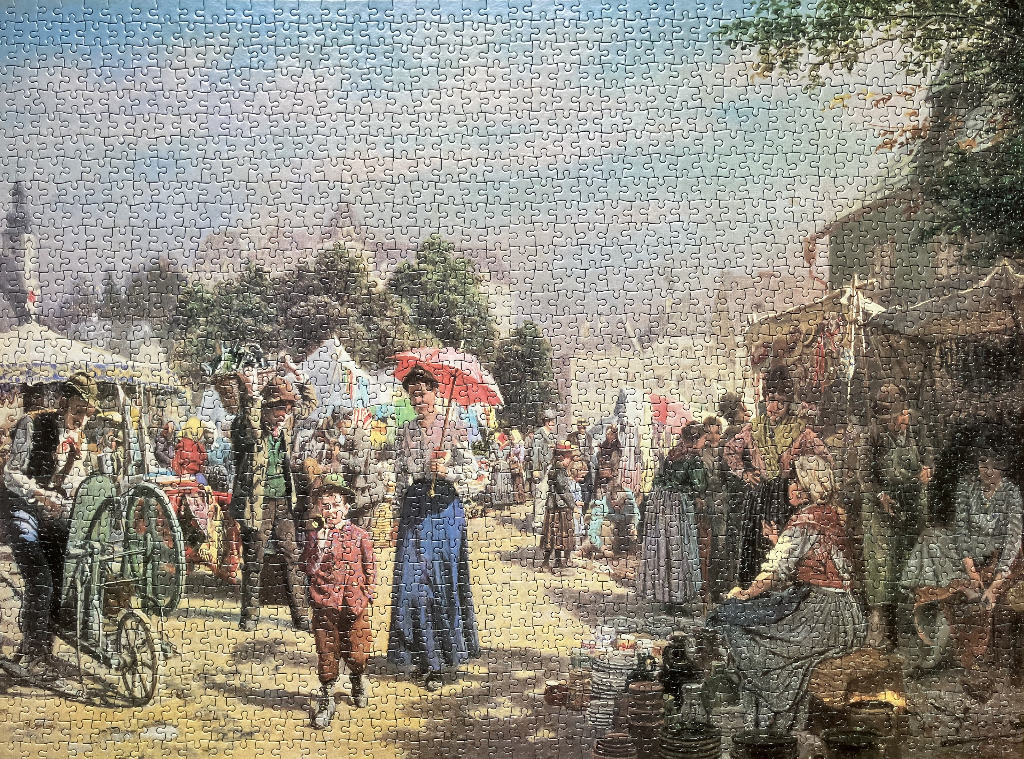 A vintage painting of a bustling 19th-century village market scene with people and stalls.