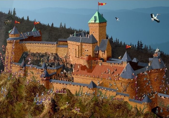A medieval castle under siege by a large army of small, colorful figures on a rocky, forested mountain.