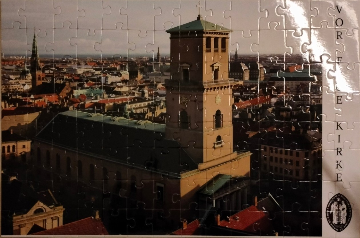 High-angle photograph of the Church of Our Lady in Copenhagen at sunset.
